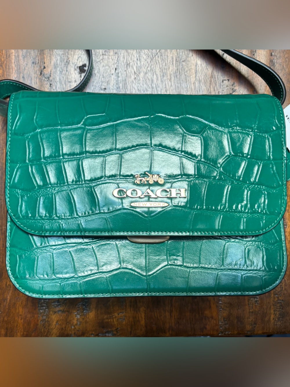 Coach Green Croc-Embossed Leather Shoulder Bag with Gold-Tone Hardware - Picture 2 of 12